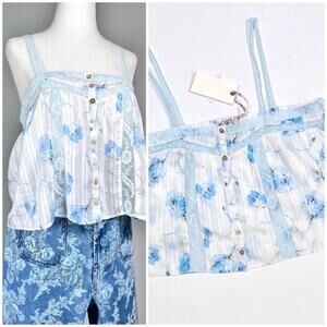 New! Women's LoveShackFancy Santa Rosa River Blue Lace Floral Print Crop Top
